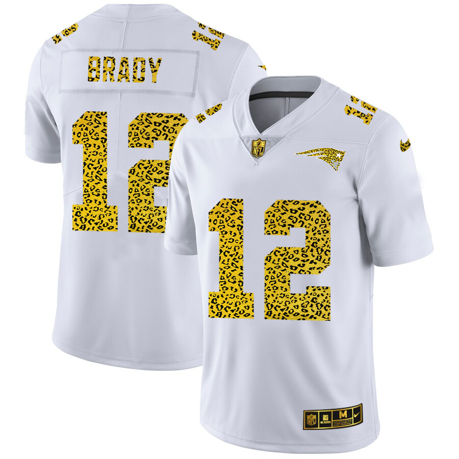 New England Patriots #12 Tom Brady Men Nike Flocked Leopard Print Vapor Limited NFL Jersey White